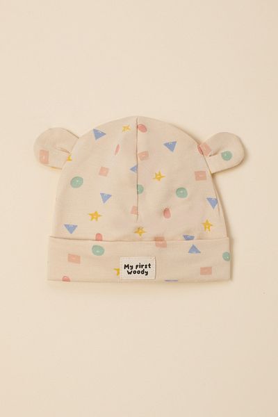 Woody Cotton Baby Hat-Bea - 993- Geometric Printed Ecru