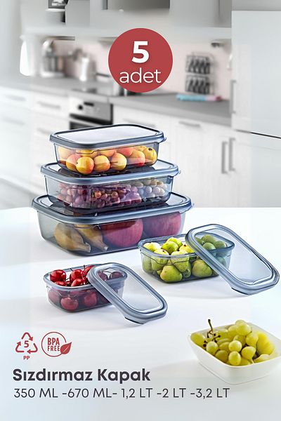 GRİMOR Life 5 Leak Proof Storage Containers - (350 ML 670 ML 1,2 LT 2 LT 3,2 LT) - Deep Freezer and Microwave