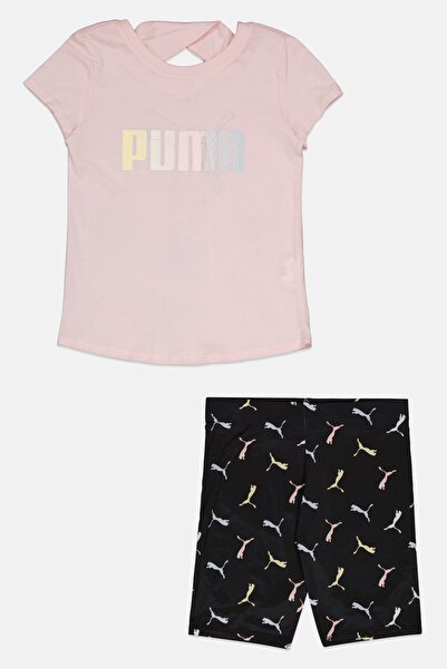 Puma Kids Girl 2 Pieces Crew Neck Top And Allover Print Short Set, Pink/Black
