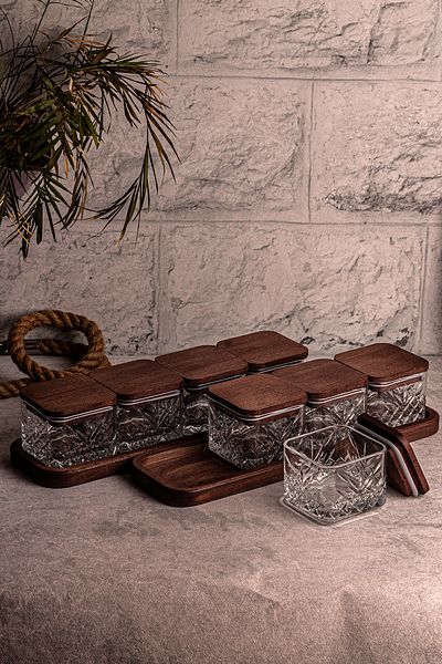 Snippy Milla Square 10 Piece Tray Wooden Vacuumed Glass Breakfast Multi-Purpose Glass Snack Bowl with Lid 230ml