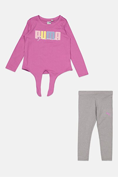 Puma طقم بناتي مكون من قطعتين من بلوزة وبنطال ضيق بشعار العلامة التجارية، ورد...