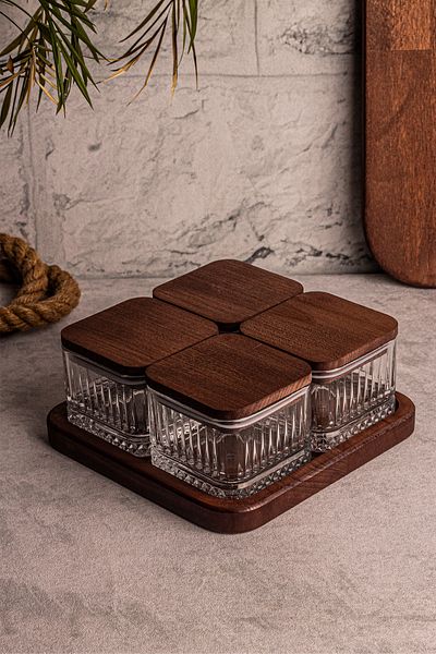 Snippy Bella Square 4-Piece Glass Snack Bowl - Wooden Vacuum Lid, Breakfast, Multi-Purpose, 230 ml