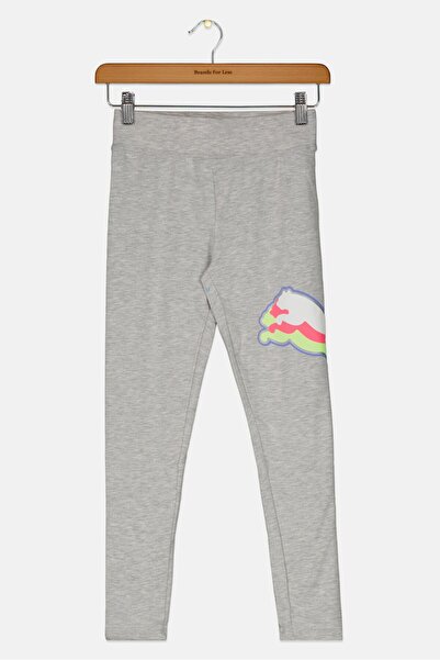 Puma بنطال ضيق بشعار العلامة التجارية للبنات الصغار، باللون الرمادي