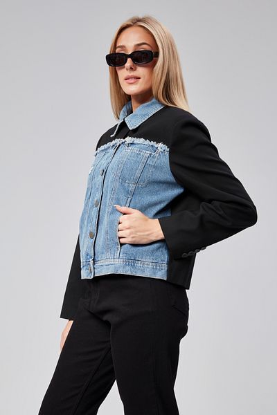 NEVEGE BUTİK FEMEI Denim Negru Tesatura Detaliu Blugi Blazer Jachetă