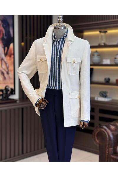 TerziAdemAltun Italian style slim fit linen seasonal coat with pockets ecru T...