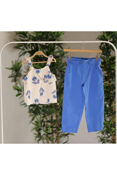 miabambim Nakışlı Alt Üst Keten Takım Mavi