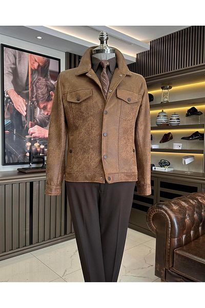 TerziAdemAltun Italian style slim fit polo collar men's coat tan T10040