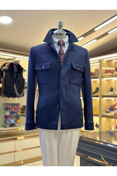 TerziAdemAltun Italian Style Slim Fit Polo Collar Suede Men's Coat Navy Blue T10813