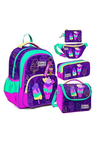 Coral High Set de cinci genți de școală pentru fete cu model de înghețată violet și roz - potrivit pentru școala primară și gimnazială