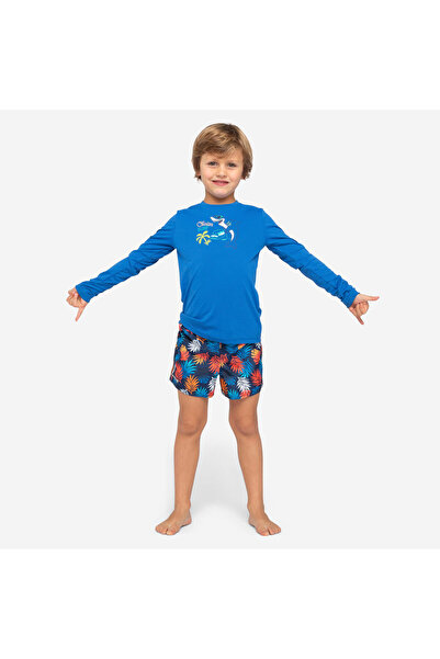 Decathlon Olaian Çocuk Kısa Deniz Şortu - Kırmızı - Yaprak Desenli - 100 Shadow