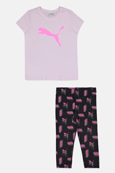 Puma طقم بناتي مكون من قطعتين تيشيرت وبنطال ضيق بشعار العلامة التجارية، لون ل...