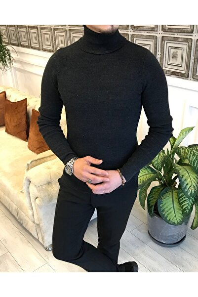 TerziAdemAltun Πλεκτό πουλόβερ με ζιβάγκο ιταλικού στυλ ανθρακί T3921