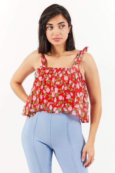The Kooples Women Square Neck Sleeveless Floral Pattern Crop Top, Red Combo