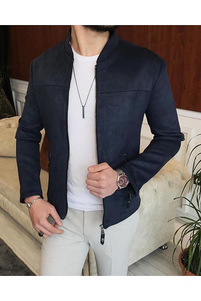TerziAdemAltun Italian Style Slim Fit Seasonal Men's Suede Coat Navy Blue T9174