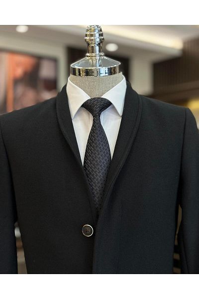 TerziAdemAltun Italian style slim fit collarless wool blended men's coat black T10991
