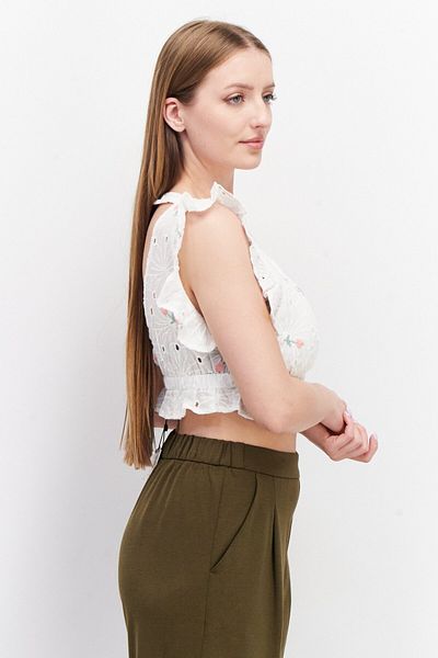 Lost Ink Women V-neck Ruffle Sleeves Eyelet Tops, White