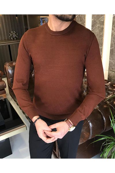 TerziAdemAltun Italian Style Slim Fit Men's Crew Neck Knitwear Sweater Brown T8726