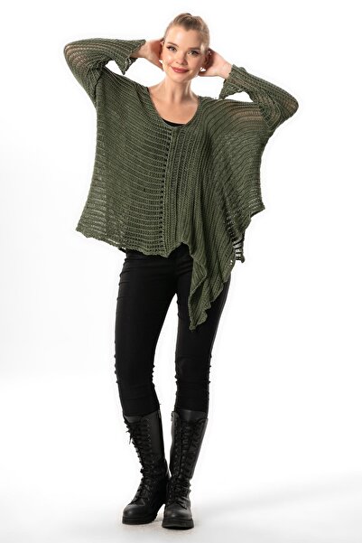Eliş Şile Bezi Khaki Knitwear Blouse - Long Sleeve, Beautician Detail, Wide Collar, Loose Authentic, Autumn and Winter