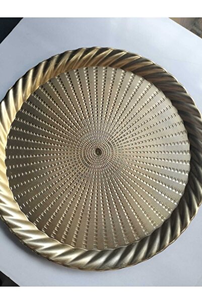 kurt41 2 ADET Yuvarlak Dekoratif Kahve Ve Çay Sunum Servis Tepsisi Gold