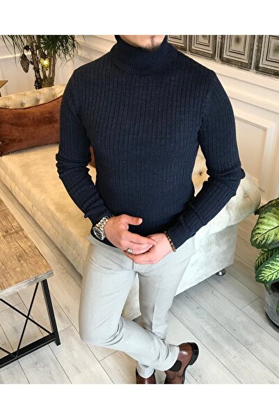 TerziAdemAltun Πλεκτό ιταλικού στυλ Πουλόβερ με ριμπ ζιβάγκο Navy Blue T5023