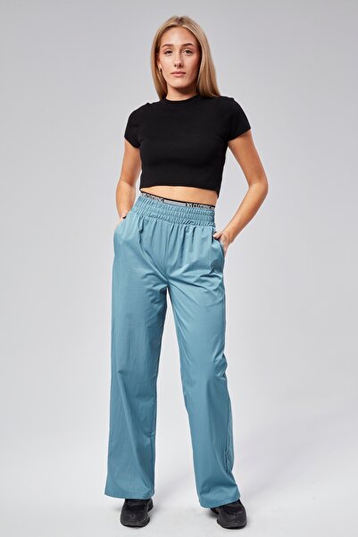 NEVEGE BUTİK Women's Petrol Blue Elastic Waist Written Print Palazzo Pants