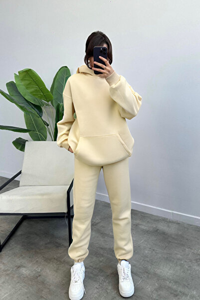 YAKAMEL Kadın Oversize Trend  Model Kanguru Cep Kapşonlu Sweatshirt Eşofman T...