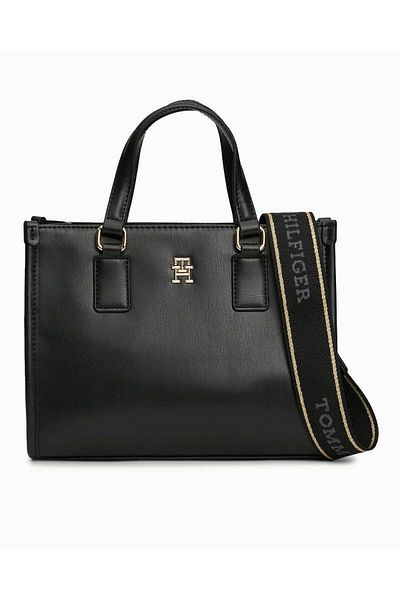 Tommy Hilfiger Women's Leather Brand Logo Zippered Daily Use Black Shoulder Bag AW0AW15977-BDS