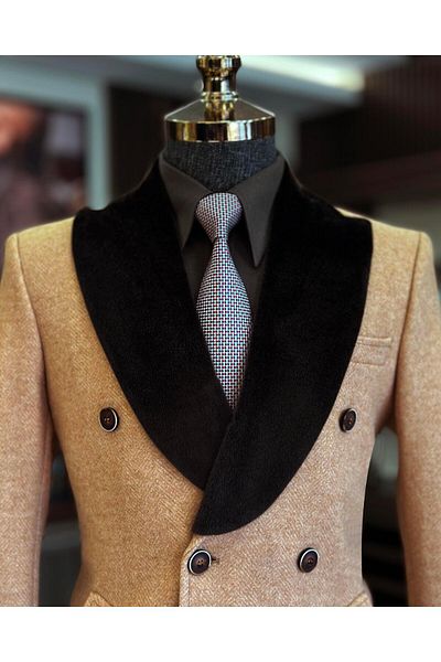 TerziAdemAltun Italian Style Fur Collar Double Breasted Wool Blended Stamp Men's Coat Camel T11007