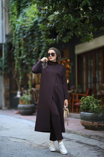 NS Moda Women's Turtleneck Tunic Trousers Set Brown Model-487