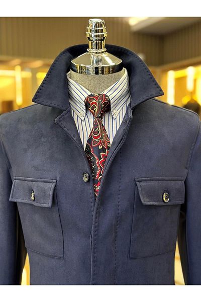 TerziAdemAltun Italian Style Slim Fit Polo Collar Suede Men's Coat Navy Blue T10813