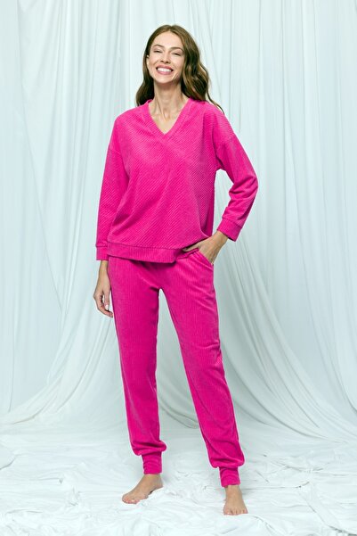 Woody طقم بيجامة تيري مضلع-Tho - 371- فوشيا