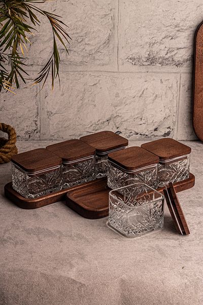 Snippy Milla Square 8-Piece Tray Wooden Vacuumed Glass Breakfast Multi-Purpose Glass Snack Bowl with Lid 230ml