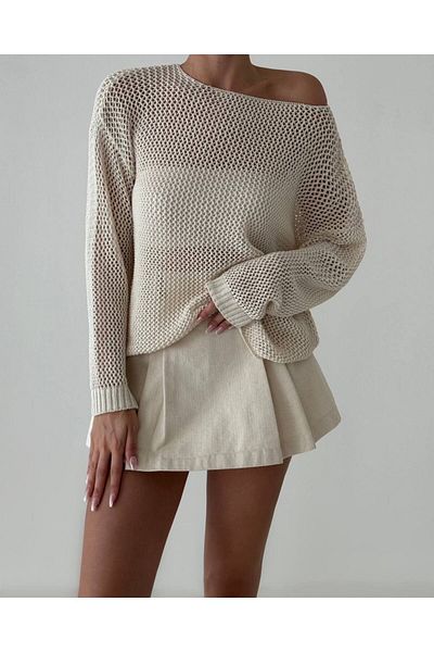 My Blog Cream Blossom Openwork Relaxed Cut Sweater-4051