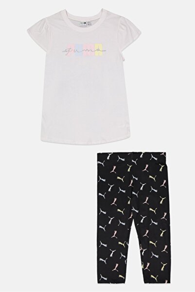 Puma طقم ملابس رياضية للبنات مكون من قطعتين، الجزء العلوي والسفلي، بشعار العل...