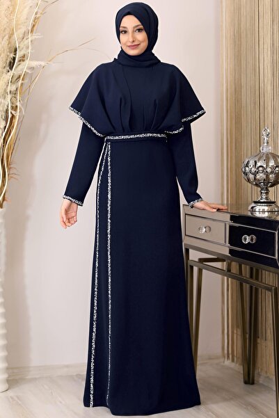 Esilanur فستان سهرة حجاب باللون الأزرق الداكن - حجر أمامي خرافي وثنيات