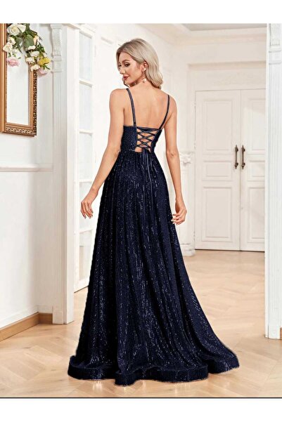 MODAS İNCE ASKILI SIRT BAĞLAMALI PUL PAYET ABİYE ELBİSE