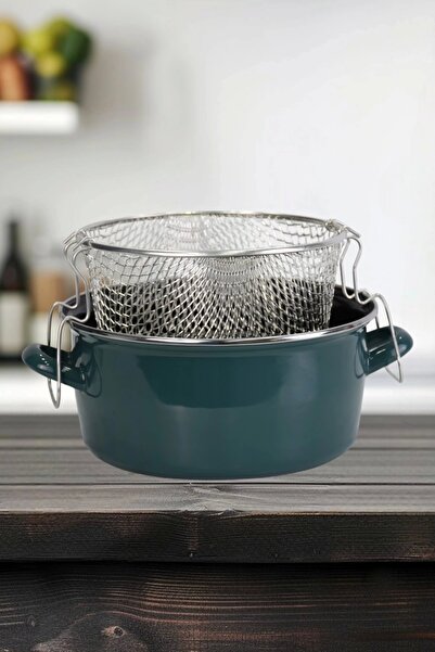 PR HOME Emaye Cam Kapaklı Kızartma Tenceresi 24 cm Petrol Yeşili