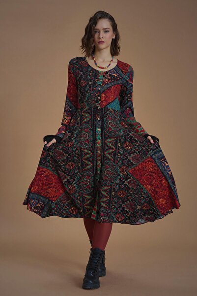 Los banditos Desenli Uzun Kollu Asimetrik Kesim Kışlık Kadın Elbise