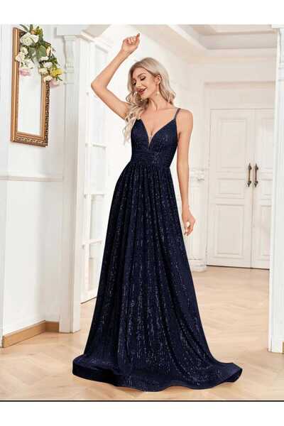 MODAS İNCE ASKILI SIRT BAĞLAMALI PUL PAYET ABİYE ELBİSE