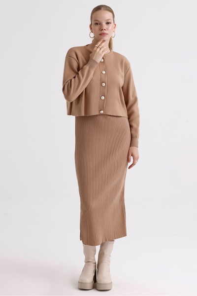 MD trend Women's Crew Neck Crop Cardigan and Strap Ribbed Dress Double Knitwear Set