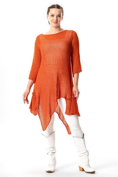 Eliş Şile Bezi Asymmetric Cut Half Sleeve Knitwear Tunic - Autumn and Winter, Orange Trnc