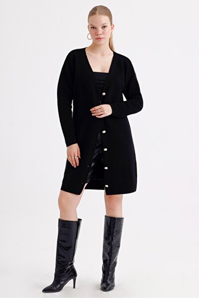 MD trend Women's Buttoned Self Patterned Long Oversize Knitwear Cardigan