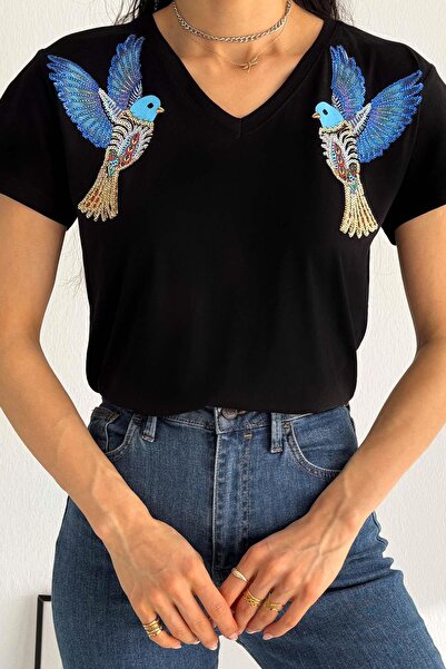 İstangül Butik Тениска с дизайн „Синя двойна птица“