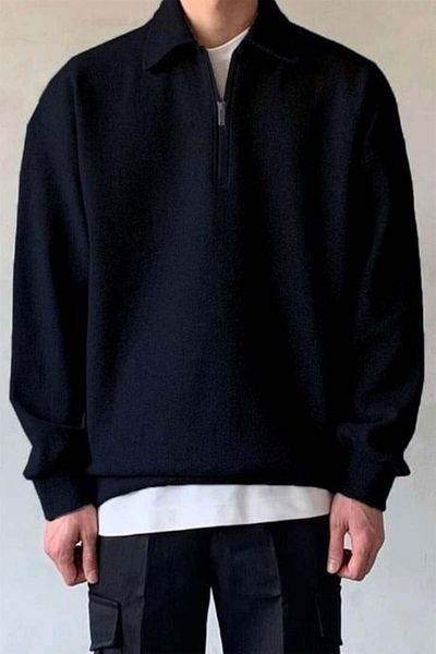 Millionaire Men's Navy Blue Half Zipper Polo Collar 3 Thread Fleece Inside Ribbed Oversize Sweatshirt