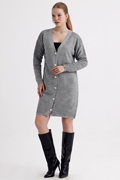 MD trend Women's Buttoned Self Patterned Long Oversize Knitwear Cardigan