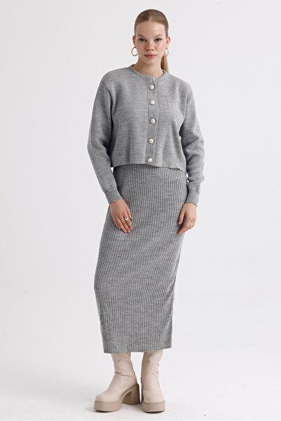 MD trend Women's Crew Neck Crop Cardigan and Strap Ribbed Dress Double Knitwear Set