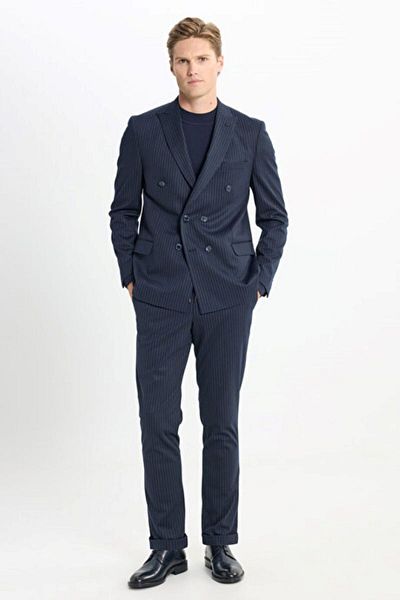 ALTINYILDIZ CLASSICS Slim Fit Slim Fit Swallow Collar Tie Waist with Cover Pocket Double Breasted Striped Navy Blue-White Suit Hand