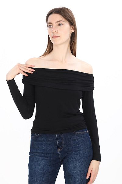 penyebizden Tricou cu mânecă lungă pentru femei cu umăr deschis-negru