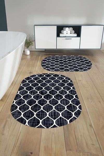 Napoli Home Set de scaune de toaletă cu covoraș de baie oval cu model de cană simplă lavabilă imprimată digital, KLOZET-86-DARK BLUE,
