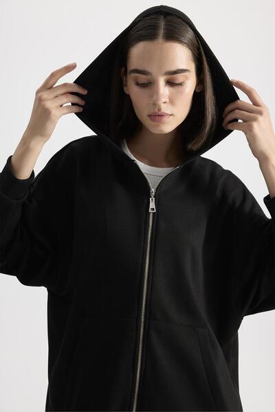 KADRİYE BAŞTÜRK Tricotat modal negru - Cardigan cu glugă